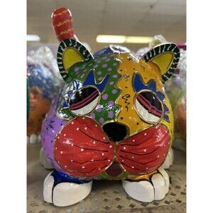 Mexican Style Art Painted Coconut Shell Cat Figurine  Multi-Color NEW 9.5”x7”x7”